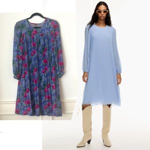 Vintage Pleated Floral Midi Dress Blue Pink XS Long Sleeves Lined
